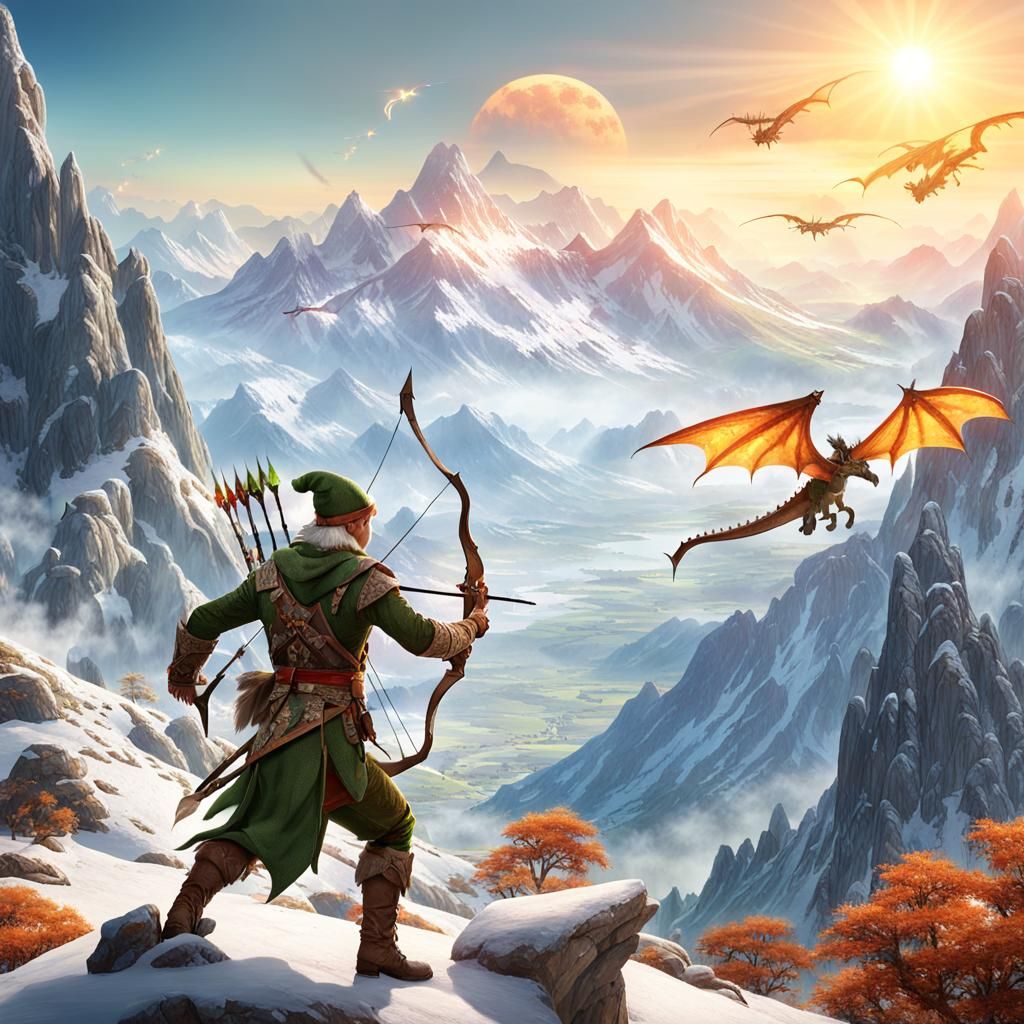 Elf Hunter in Magical Mountain Landscape