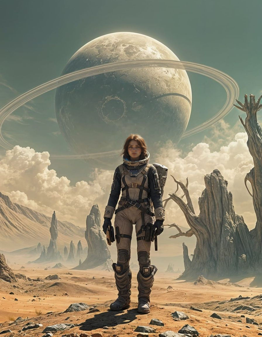 Astronaut Amidst Celestial Ruins in a Futuristic Landscape
