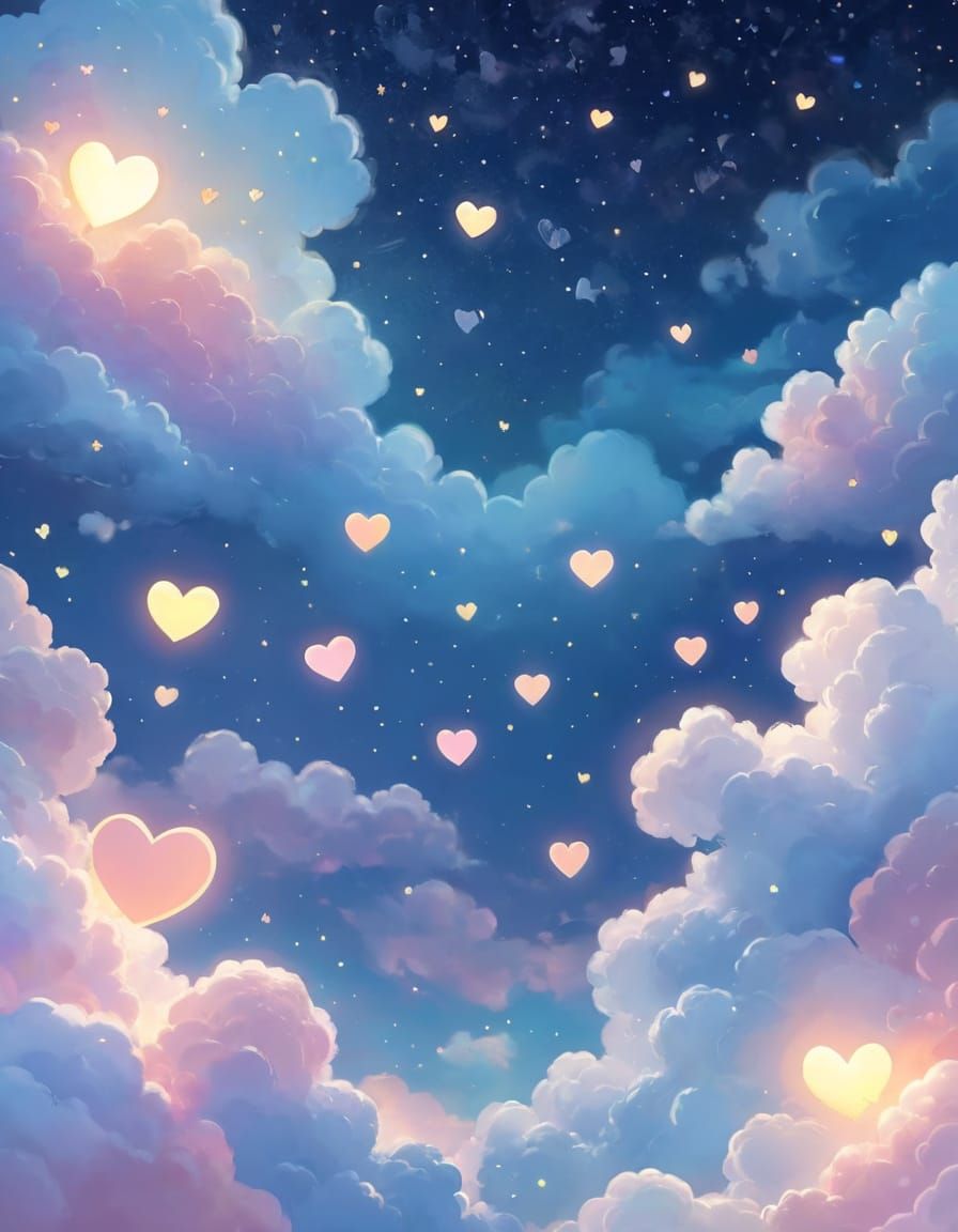 Dreamy Starry Night Sky with Heart-Shaped Clouds
