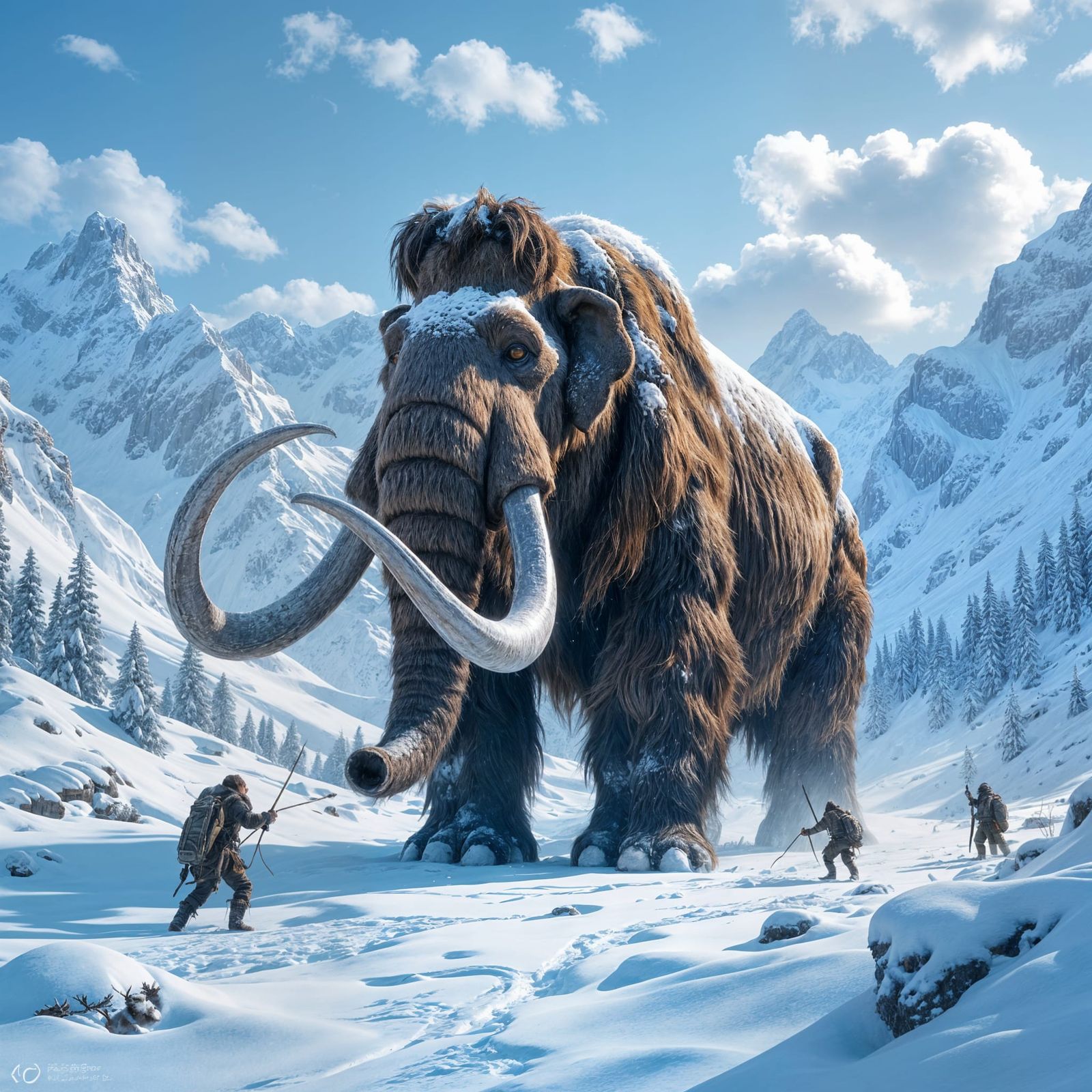 Woolly Mammoth Hunt in Snowy Valley: Cinematic Digital Art