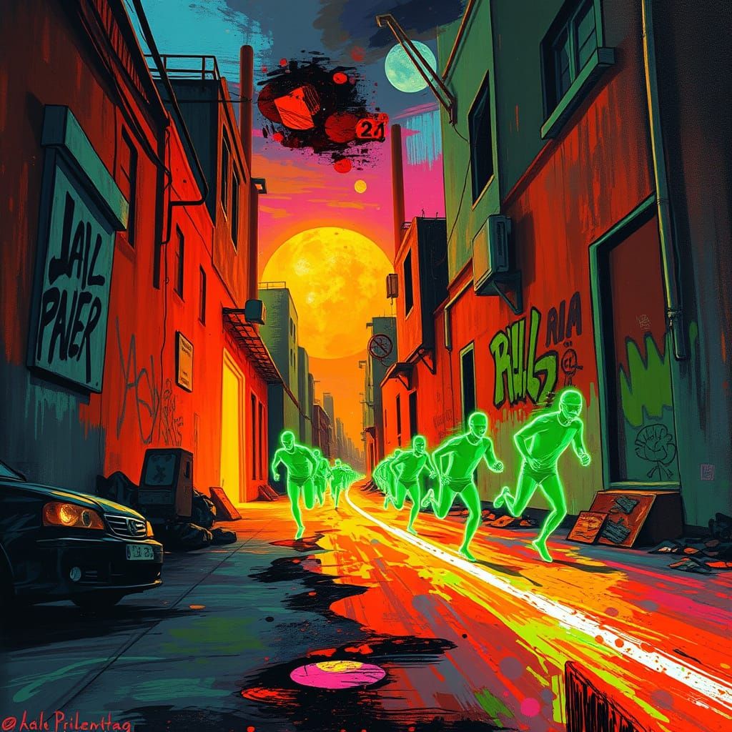 Vibrant Neon Alley with Green Figures in Street Art Style