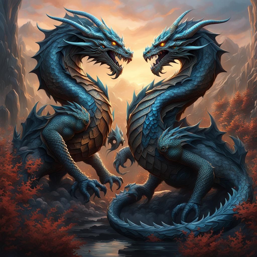 Twin Dragons Tattoo: Detailed Fantasy Concept Art