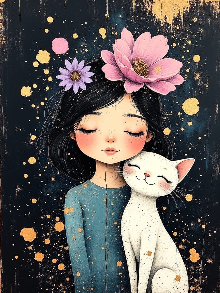Whimsical Portrait of a Little Girl and Her Feline Companion...