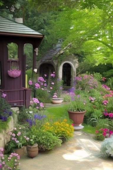 Idyllic Cottage Garden with Magical Colored Stones