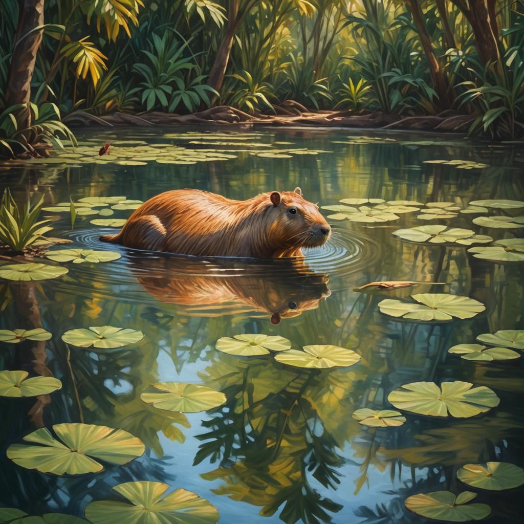 Capybara in Tropical Lake: Vibrant Oil Painting