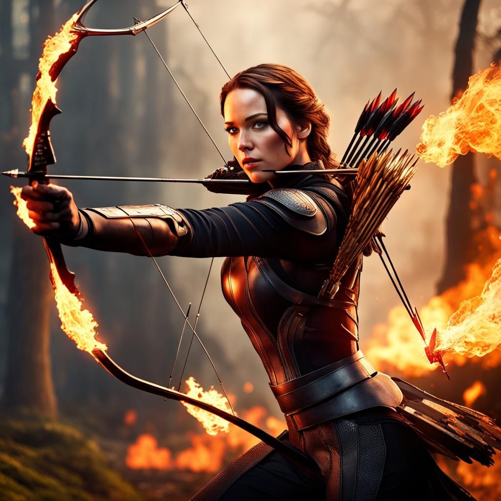 Katniss Everdeen Fires Flaming Arrow in Detailed Painting
