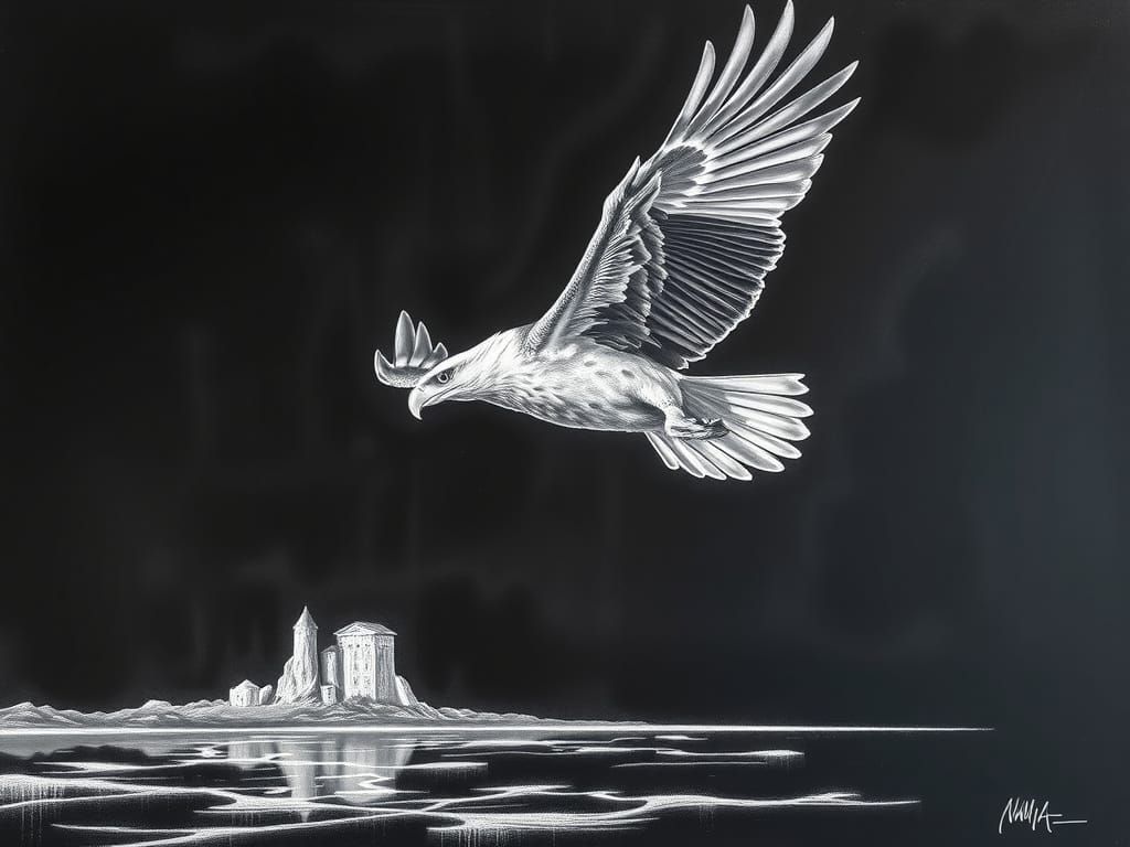 Photorealistic Chalk Drawing of Osprey Soaring Above Coastli...
