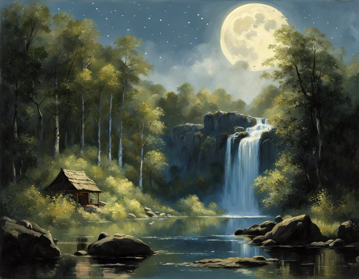 Serene Waterfall Landscape in Levitan's Style