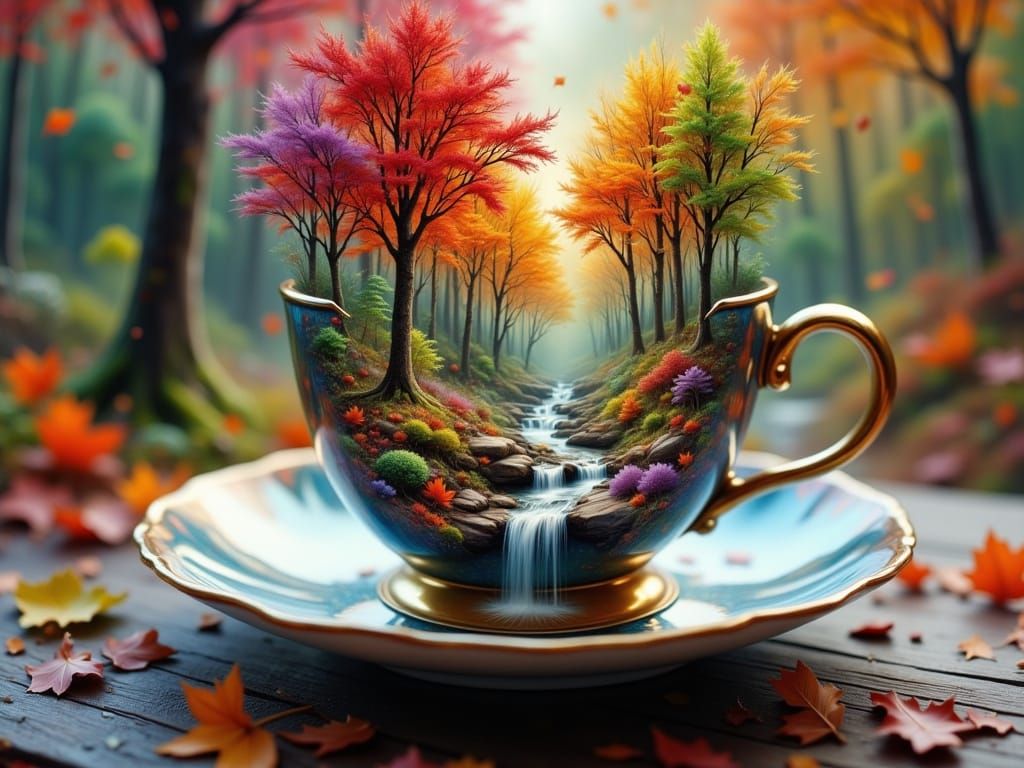 Surreal Teacup Reveals Miniature Autumn Forest