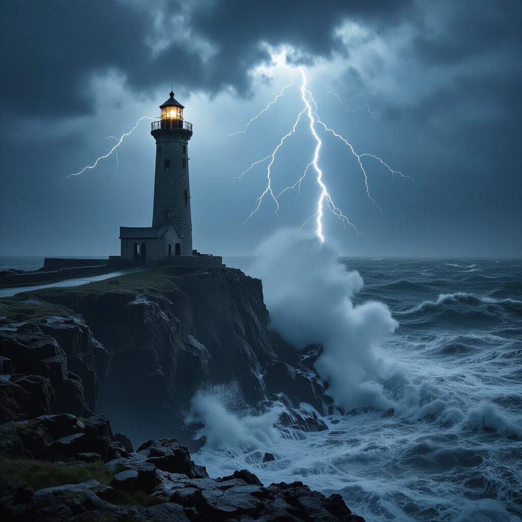 Dramatic Lighthouse in Stormy Seas