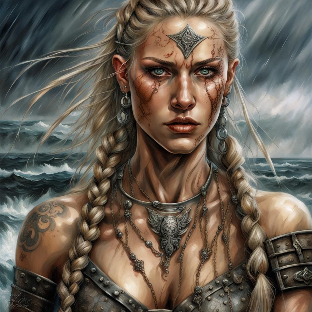 Portrait of a stunningly beautiful Nord female warrior, with tattoo and palm skin, viking style, long braided blond hair...