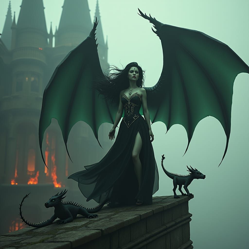 Dragon Princess Repels Angelic Forces in Dark Fantasy Art