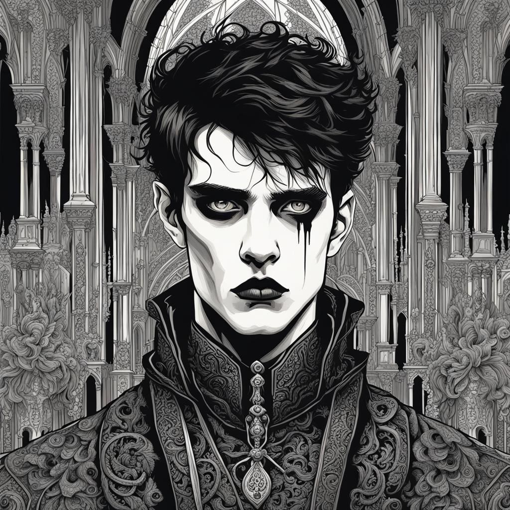 Goth Boy in Cathedral: Black and White Linocut Illustration