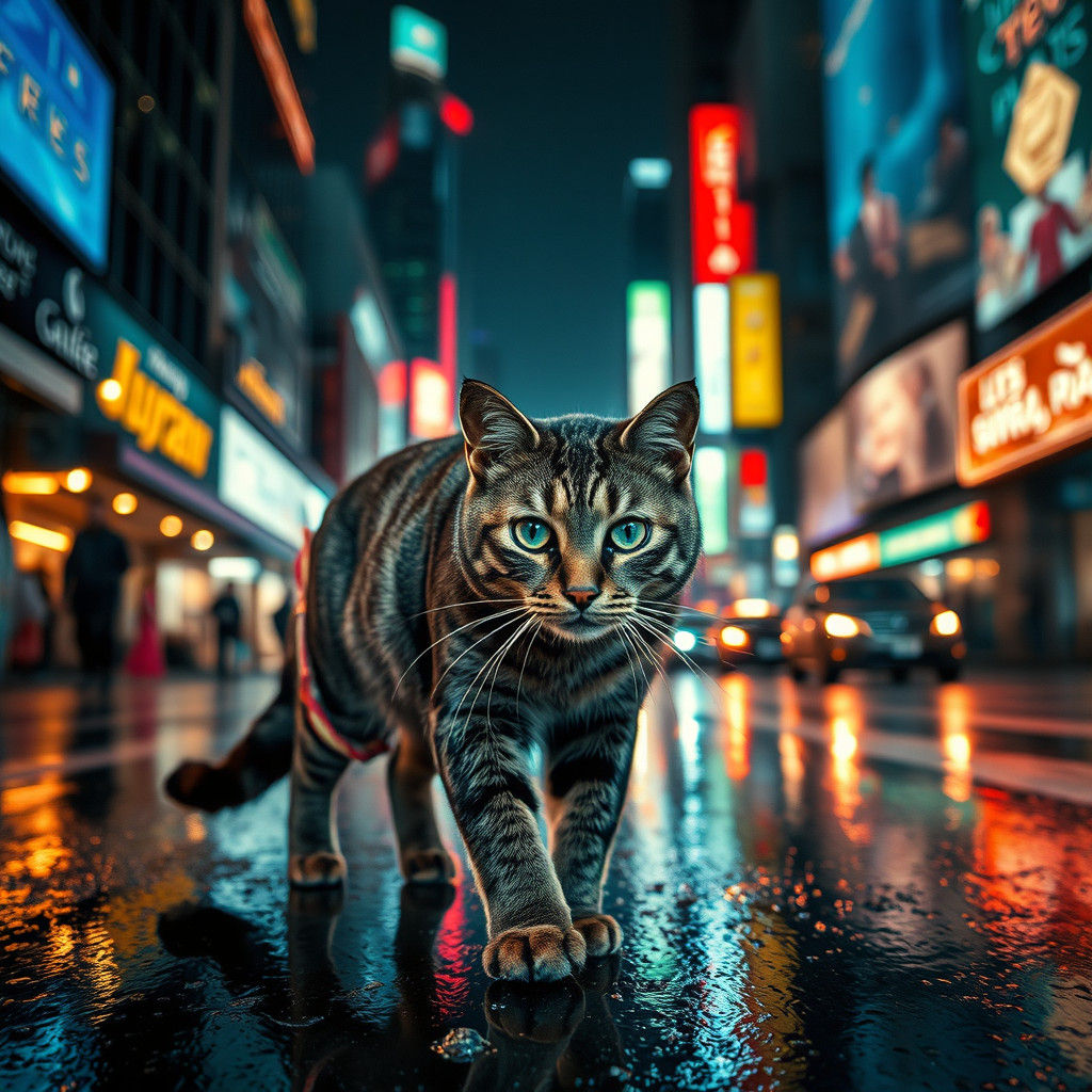Emerald-Eyed Cat in Vibrant Cityscape