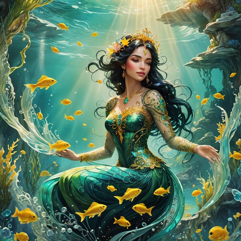 Black-Haired Mermaid in Turquoise Water: Digital Art