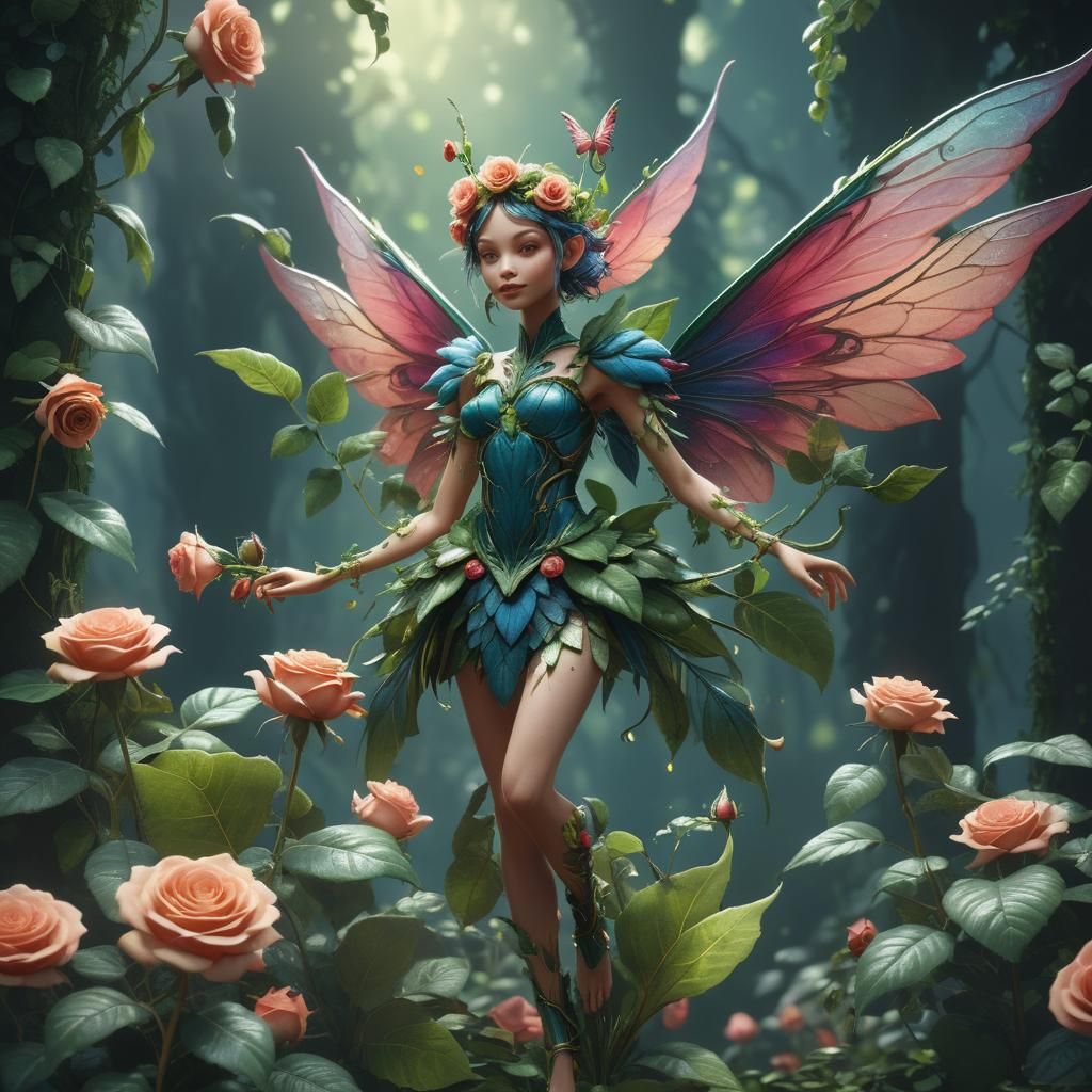 Rose Fairy with Leafy Wings in Detailed Painting