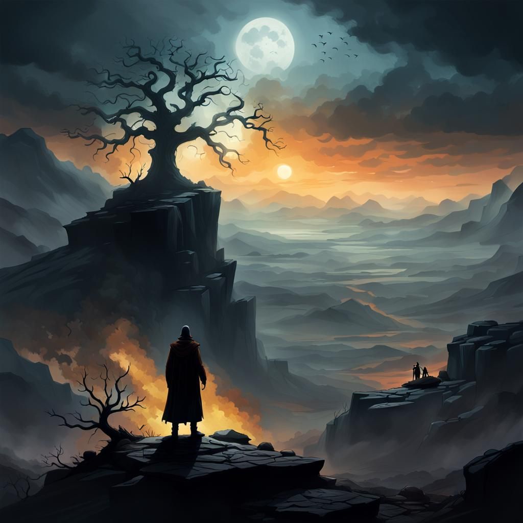 Dark Fantasy Figure in Misty Landscape