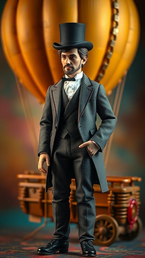 Jules Verne Style Doll with Hot Air Balloon in Hyperrealisti...