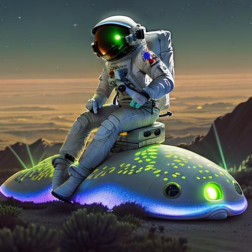 astronaut  riding a bio-luminescent slug.