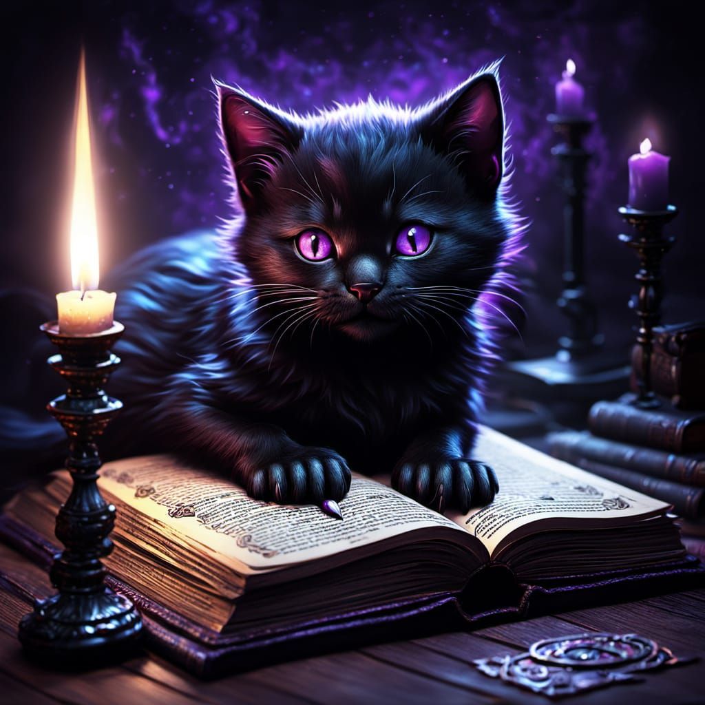 Black Kitten on Spell Book in Gothic Horror Style