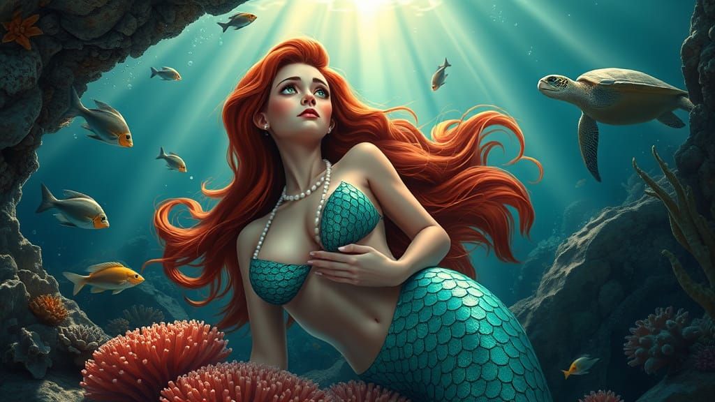 Underwater Mermaid Gazing Upward as Photorealistic Illustrat...