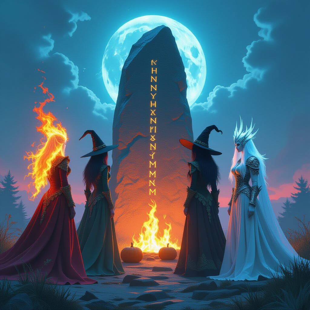 Elemental Witches Before Standing Stone in Psychedelic Style