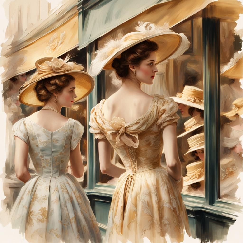 Elegant Woman Gazing at 18th Century Hats