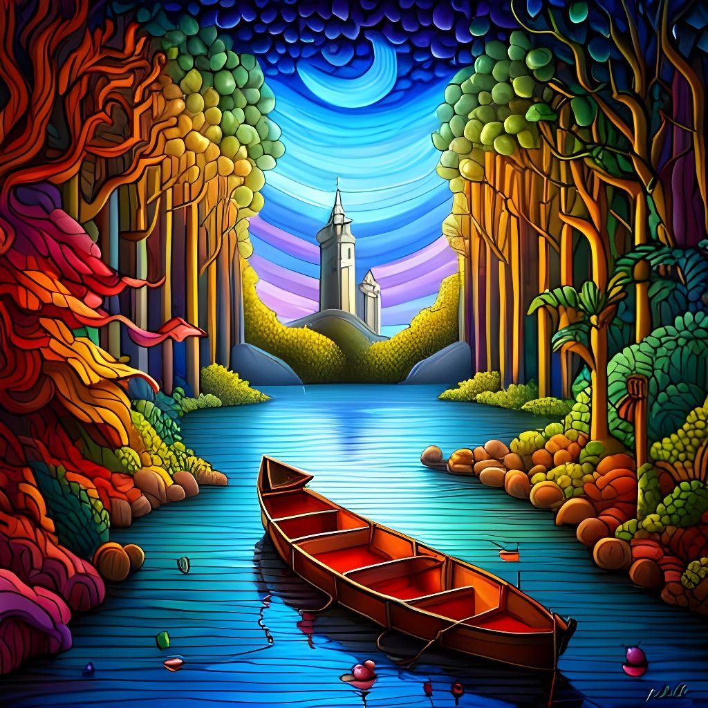 Pretty scene of magical lake with wood boat