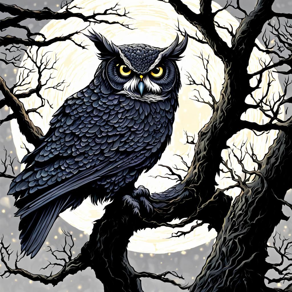 Ominous Owl at Twilight in Comic Art Style