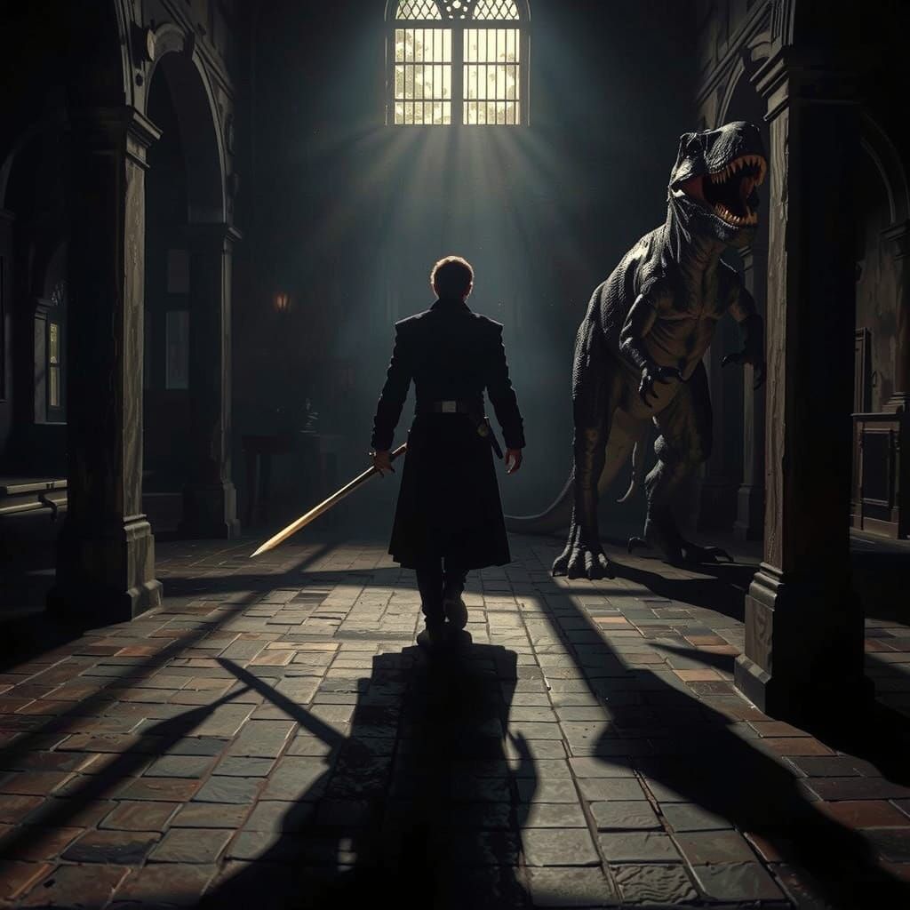 Brothers Battle T-Rex in Castle Courtyard Painting