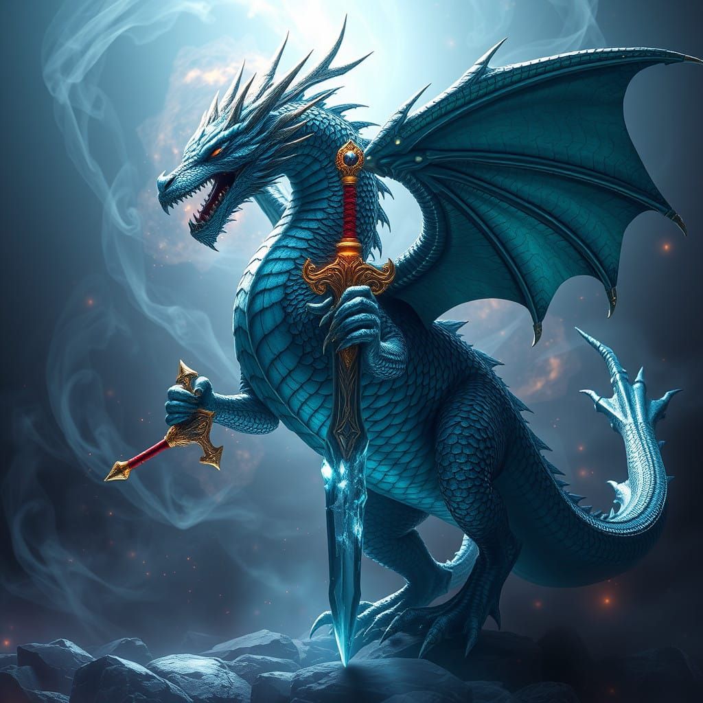 Ethereal Dragon Wields Iridescent Bismuth Sword