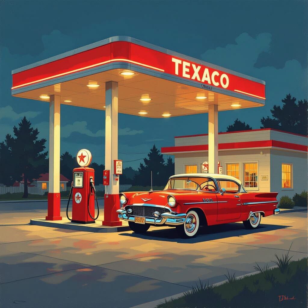 Retro Gas Station with Classic Car in Nostalgic Style