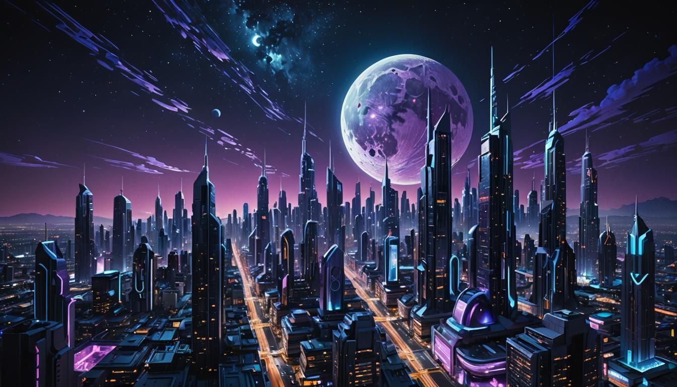 Futuristic Moon City with Neon Lights in Photorealistic Styl...
