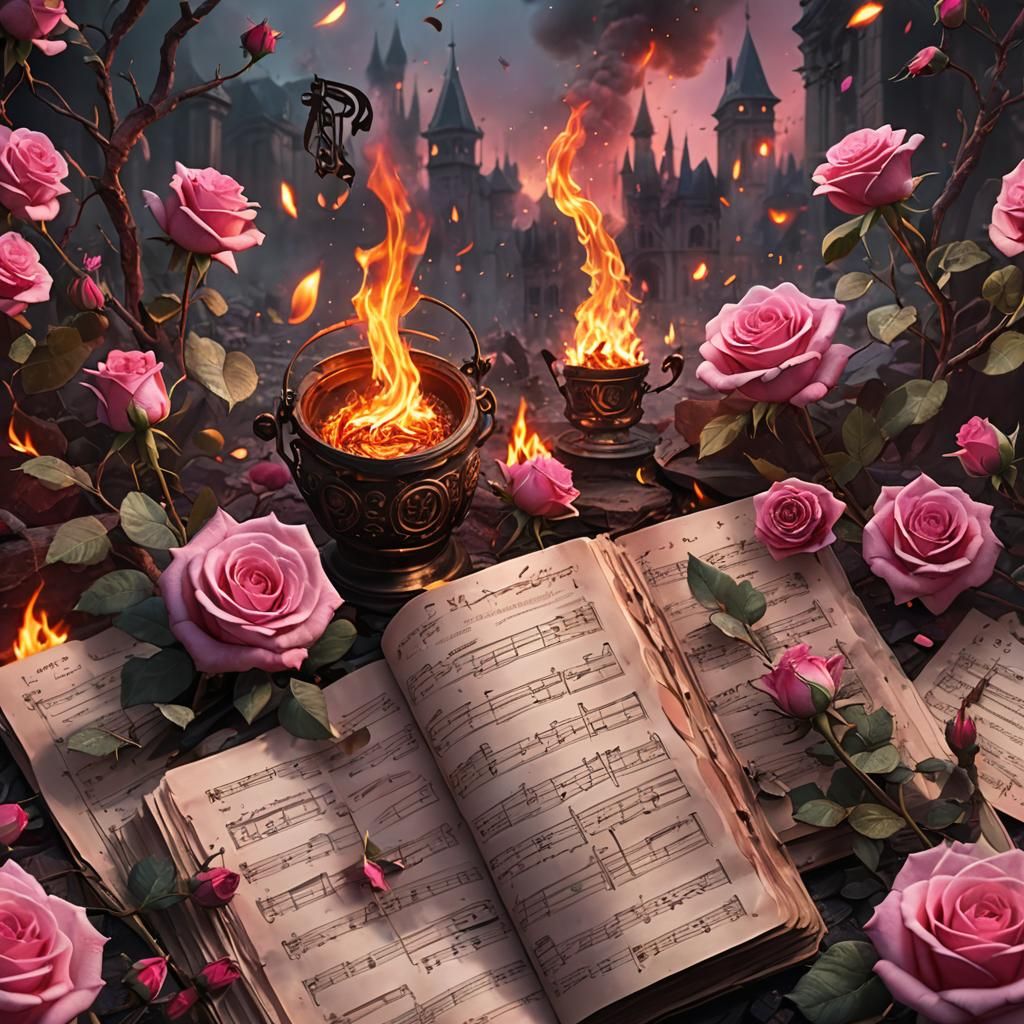 Pink Fire Roses and Burning Music in Fantasy Art