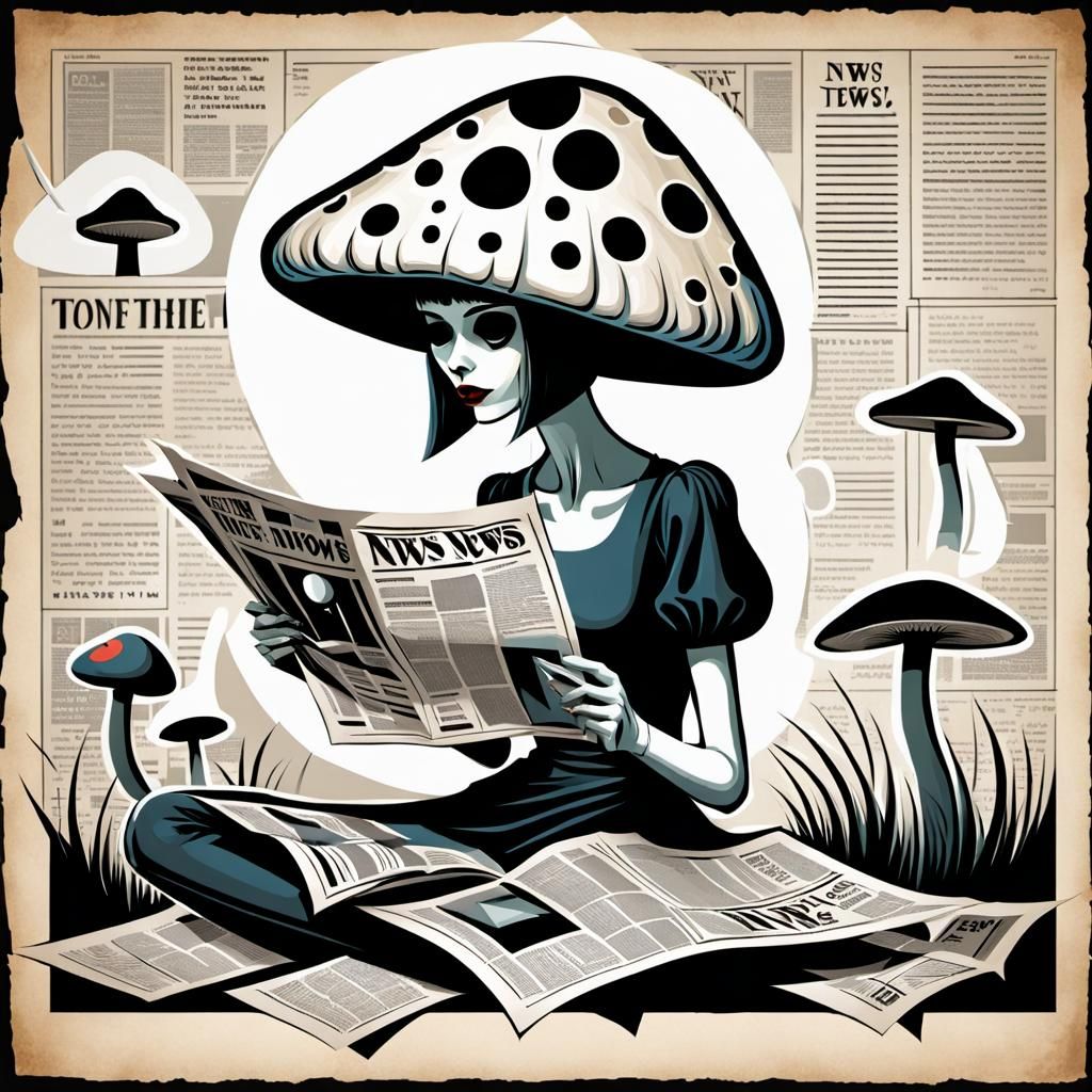 Mushroom Girl Reads News in Comic Cubist Style