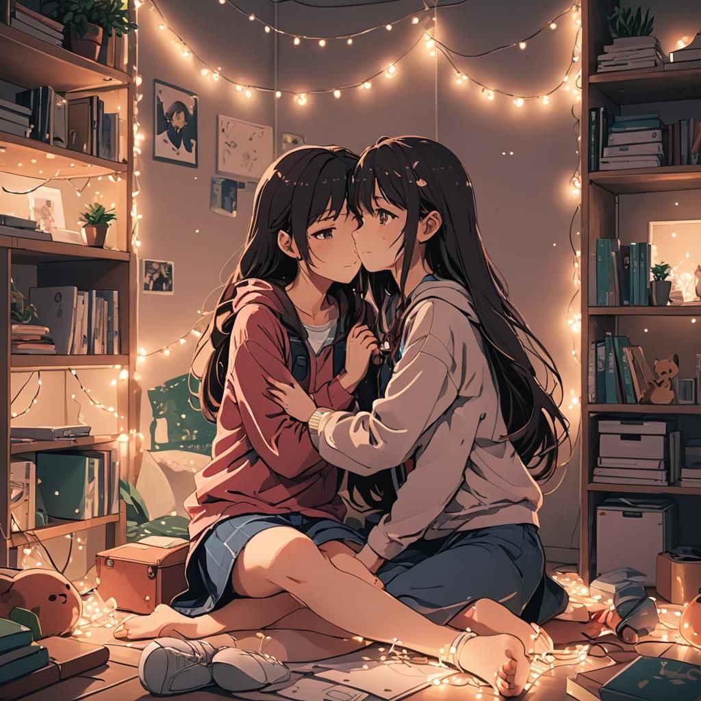 Anime Girls Hugging in Room with String Lights