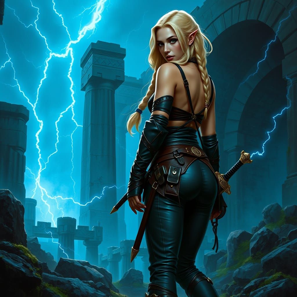 Fantasy Sorceress Warrior in Ruins with Blue Energy
