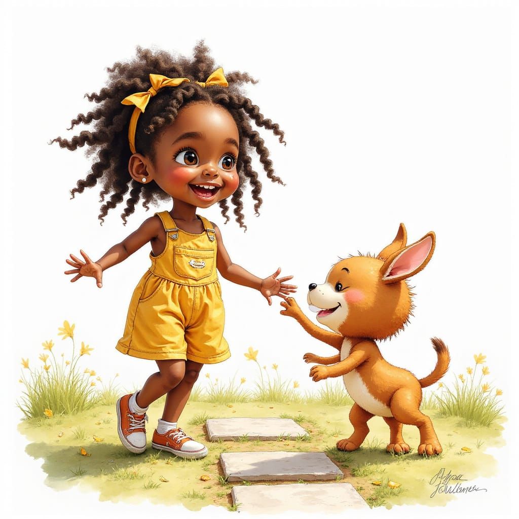 Joyful Girl Playing Hopscotch in Watercolor Style