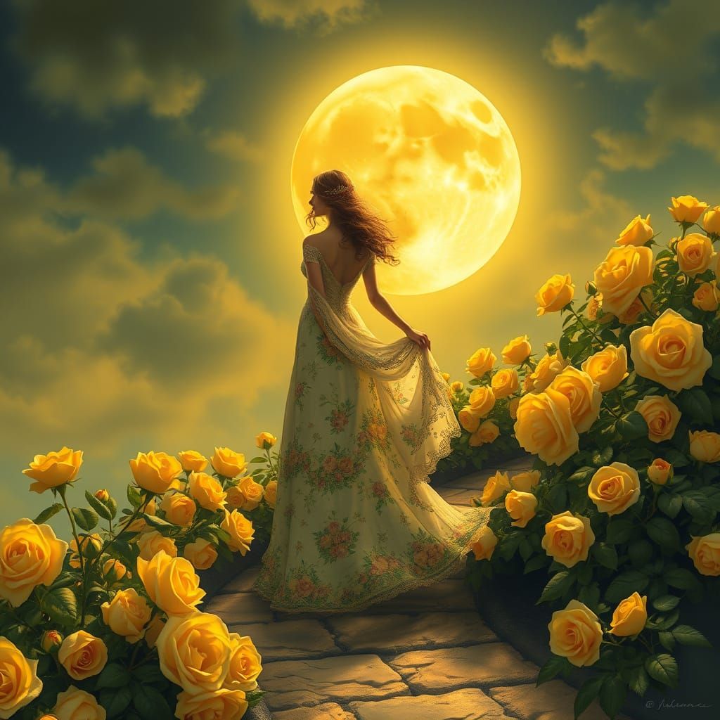 Woman Walks Rose Path Under Yellow Moon