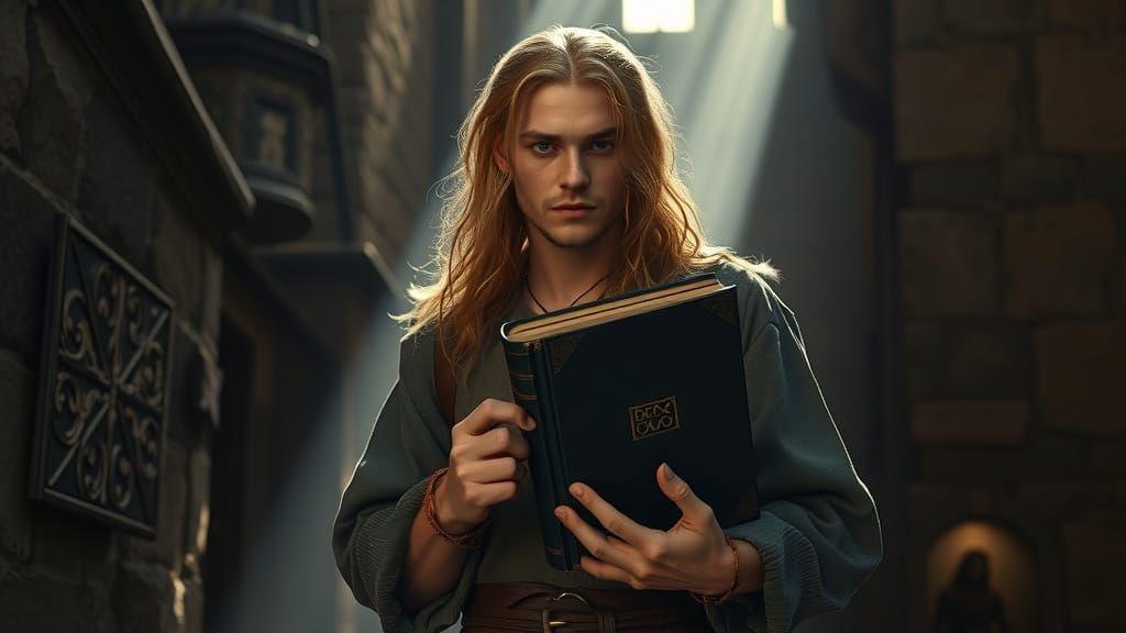 Young Man Emerges from Cathedral Catacombs with Ancient Tome