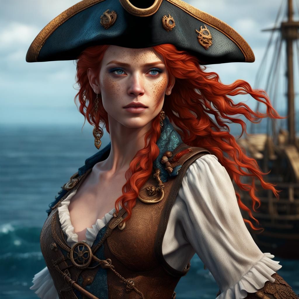 Beautiful Siren in Pirate Attire by the Seashore