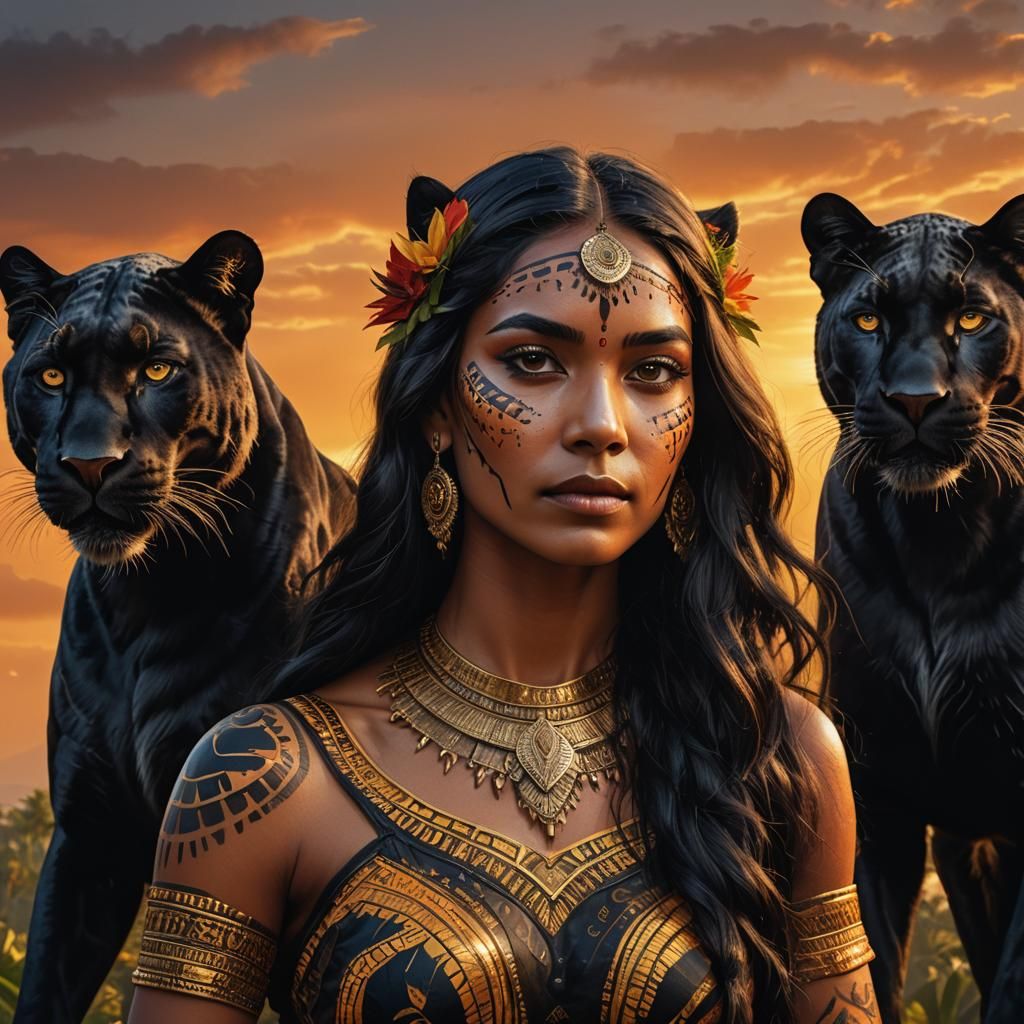 Amazonian Woman with Panther in Art Nouveau Style