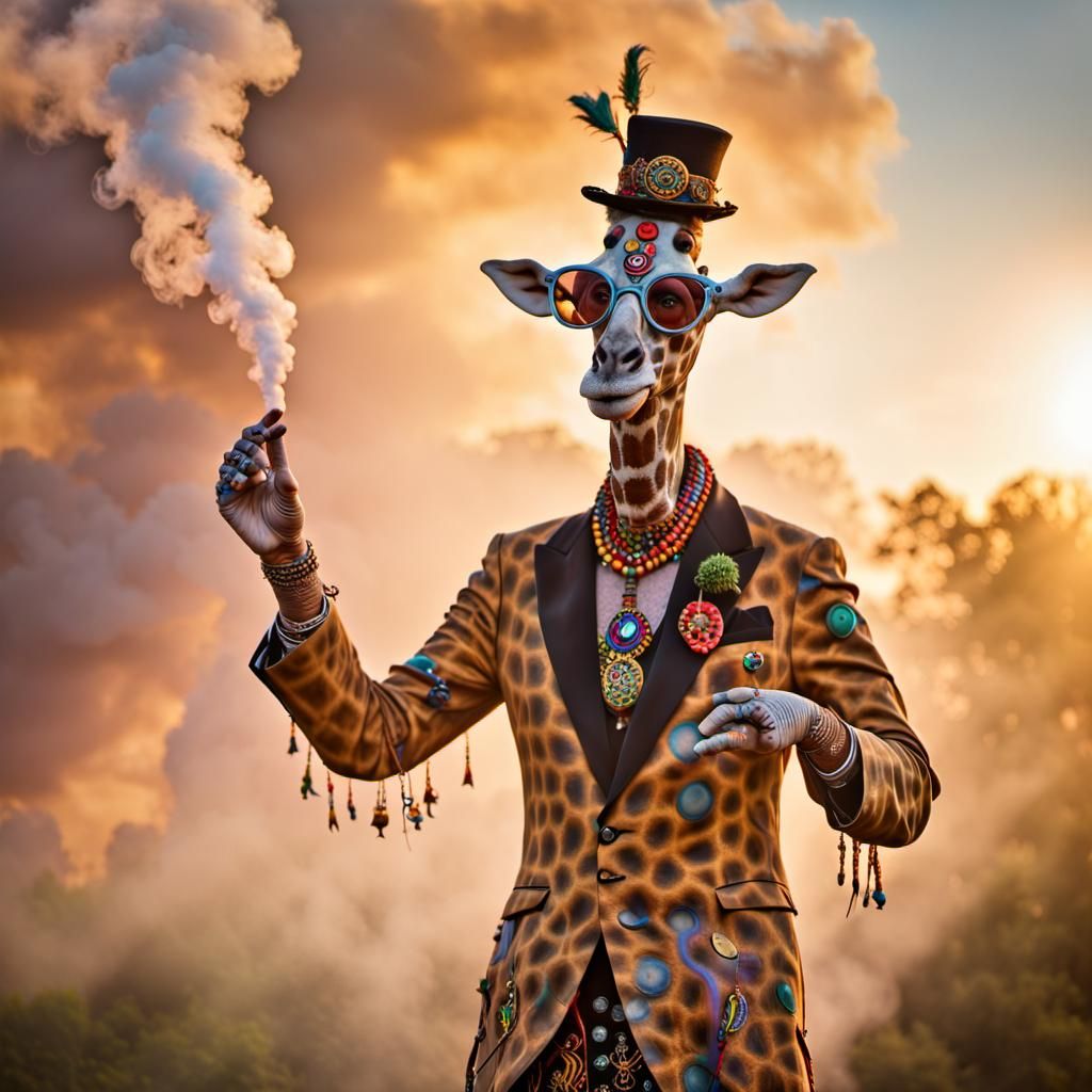 Giant Giraffe Jester Dances in a Psychedelic Dreamscape