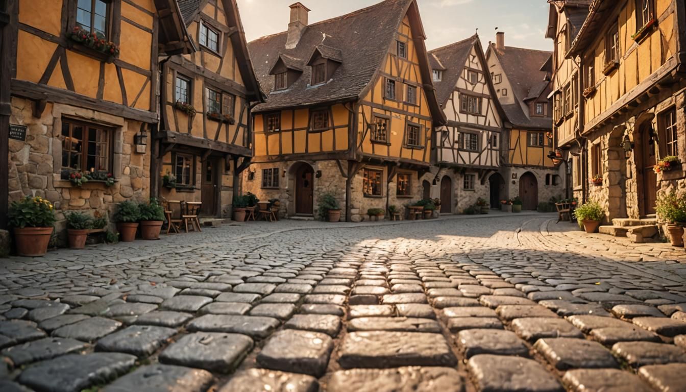 Whimsical Medieval Village Landscape at Golden Hour