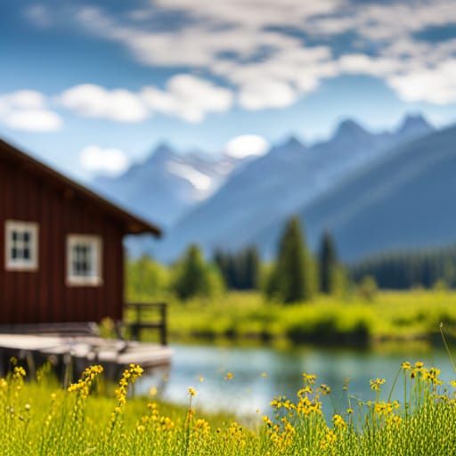 Idyllic Landscape with Cabin and River, HD Photography