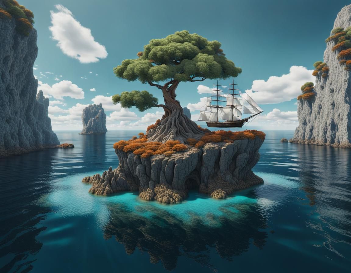 Island Scene in Klimt Style: Sailing Ship at Sea