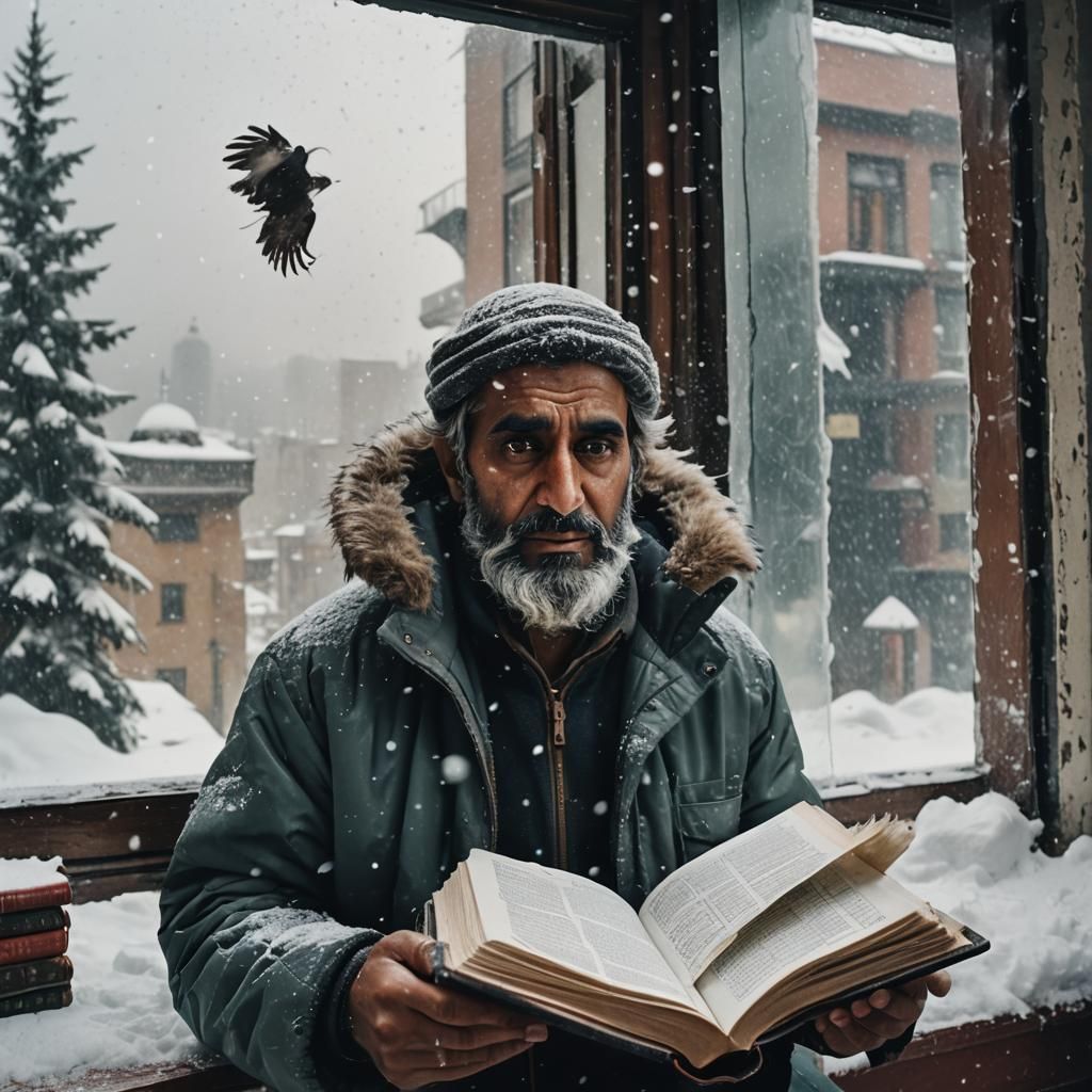 Cinematic Film Still: Man Reading Quran in Snowfall