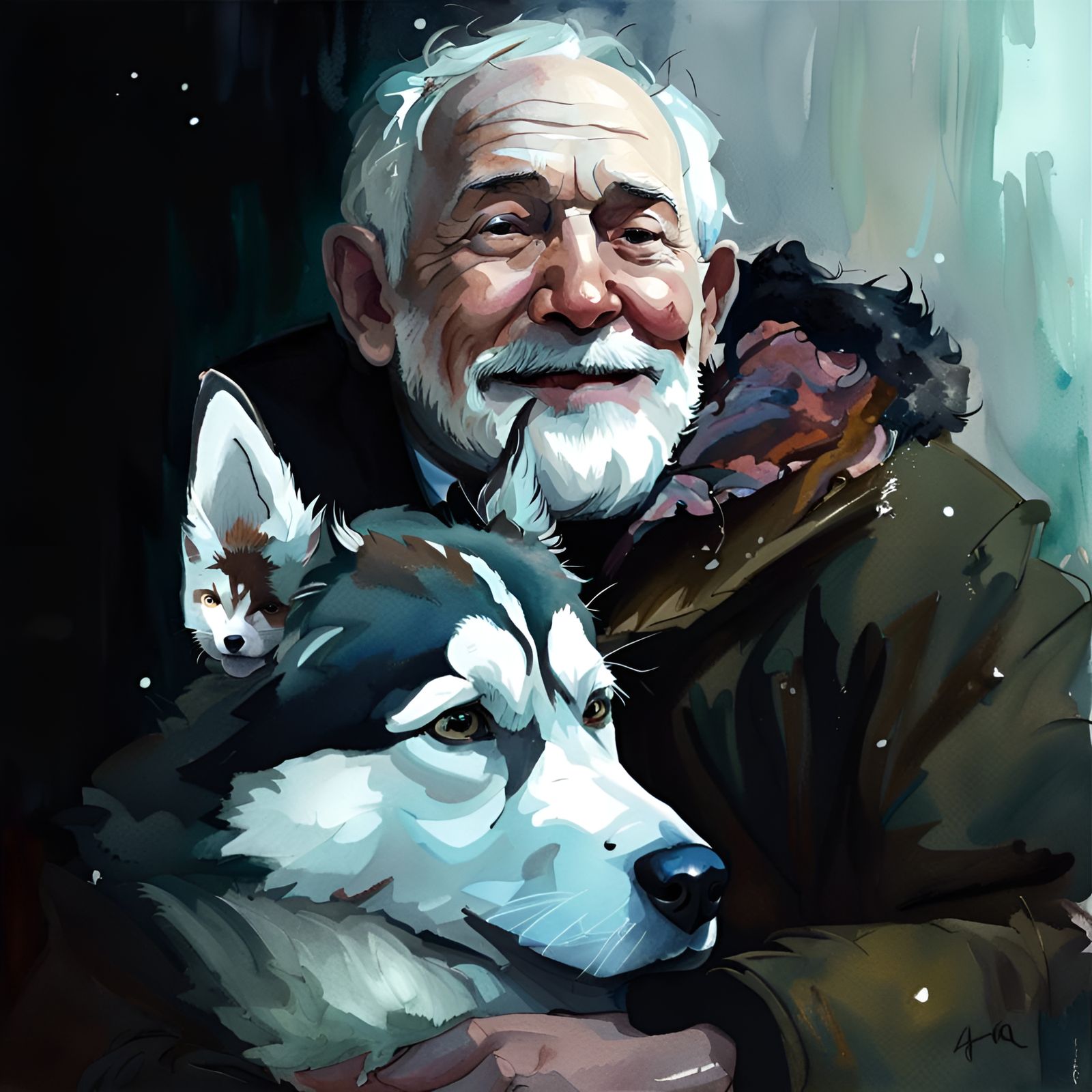 Touching Portrait of Man and Dog in Gouache Style