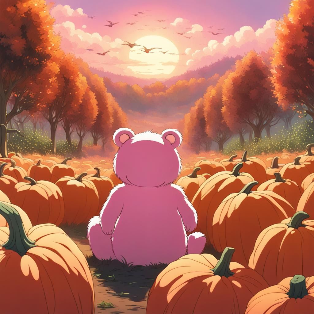 Pink Bear in Pumpkin Patch, Ghibli Anime Style