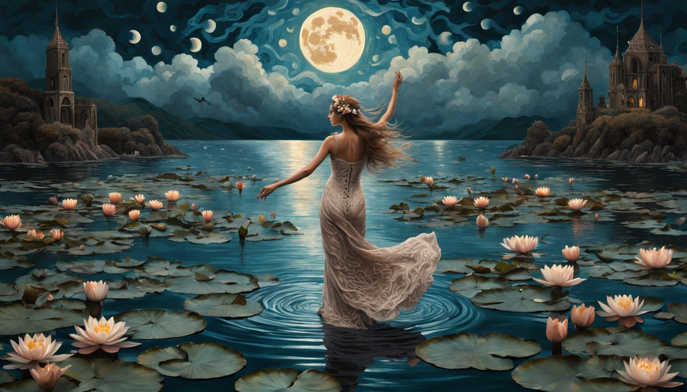 Ethereal Woman Dances Under Starry Night Skies with Water Li...